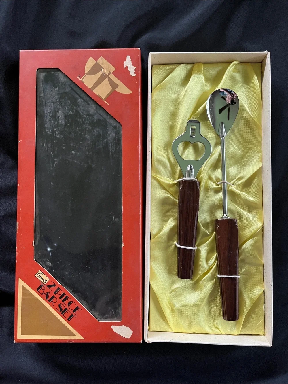 Vtg Grants 2 Piece Set Bar Spoon & Bottle Opener  NIB Japan MCM Wood Handles